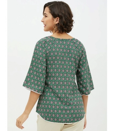 Women's Polyester Printed 3-4th Sleeves Top (Green)