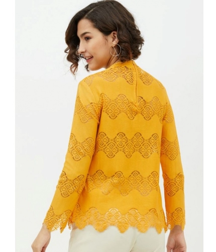 Women's Cotton Lace Inserts Long Sleeves Top (Yellow)