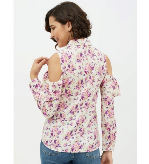 Women's Polyester Floral Cold Shoulder Standard Length Shirt (White)