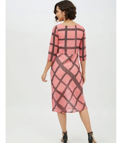 Women's Polyester Checkered 3-4th Sleeves Below Knee Dress (Pink)