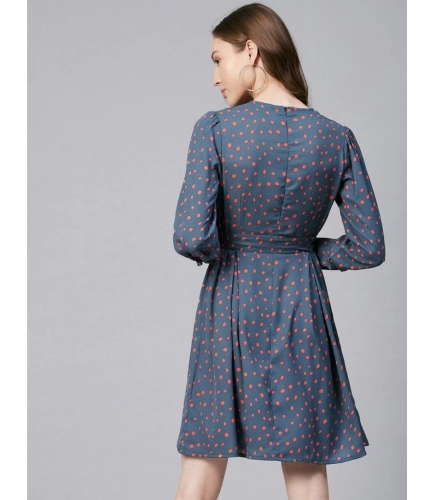 Women's Polyester Polka Long Sleeves Above Knee Dress (Grey - Coral)