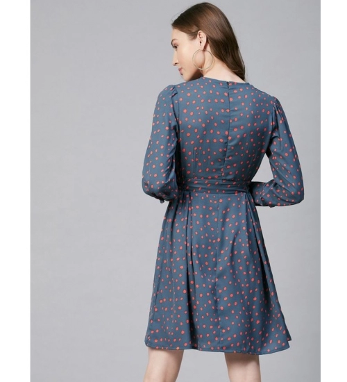 Women's Polyester Polka Long Sleeves Above Knee Dress (Grey - Coral)