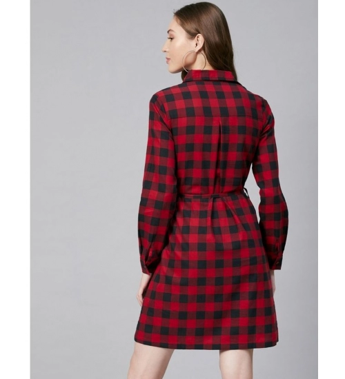 Women's Cotton Checkered Long Sleeves Above Knee Dress (Red - Black)