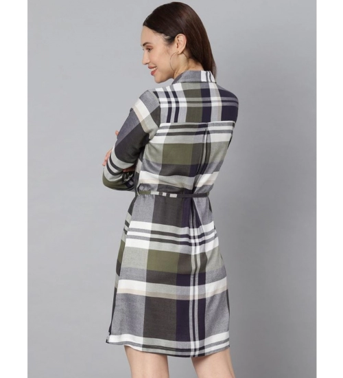 Women's Cotton Checkered Long Sleeves Above Knee Dress (Olive - White)