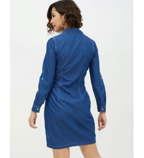 Women's Denim Solid Long Sleeves Above Knee Dress (Blue)