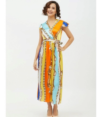 Women's Satin Chain Print Cap Sleeve Calf-length Dress (Multicolor)