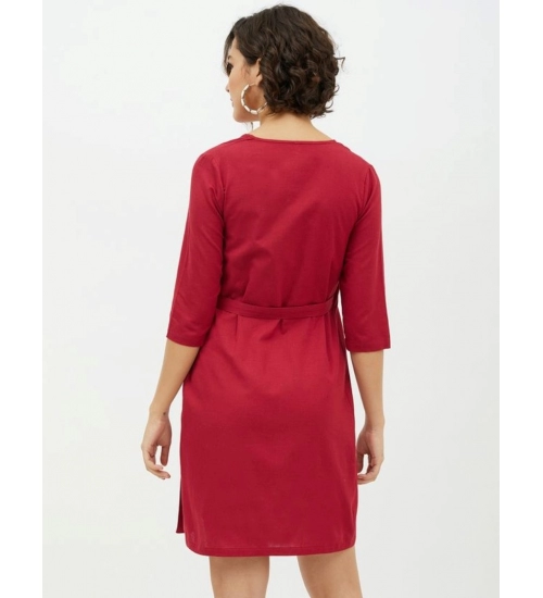 Women's Cotton Wrap 3-4th Sleeves Above Knee Dress (Maroon)