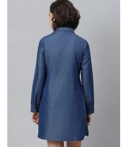 Women's Denim Solid Long Sleeves Above Knee Dress (Navy Blue)