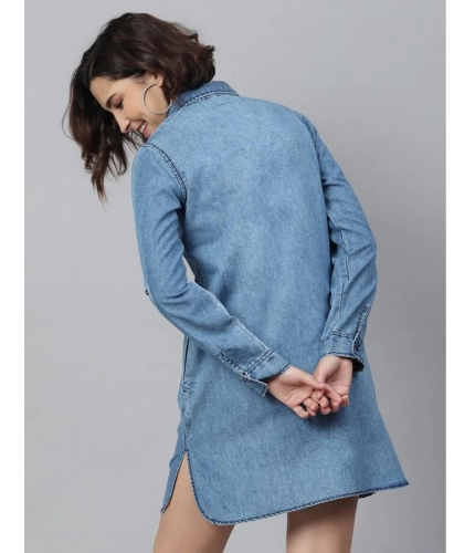 Women's Denim Solid Long Sleeves Above Knee Dress (Ice Blue)