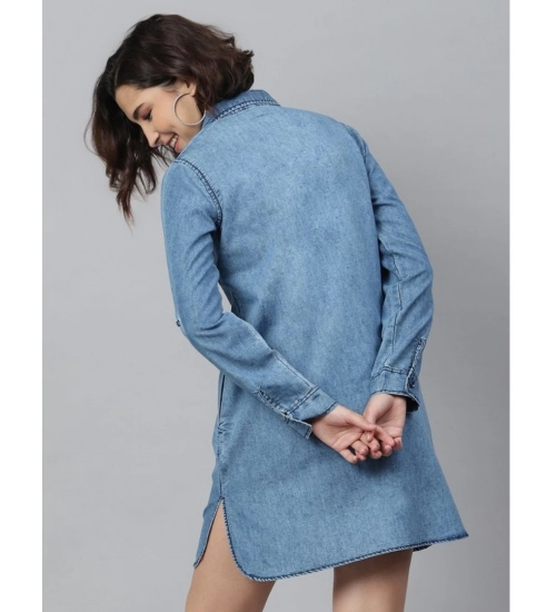 Women's Denim Solid Long Sleeves Above Knee Dress (Ice Blue)