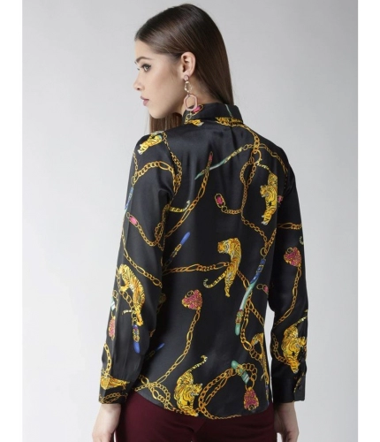 Women's Satin Printed Long Sleeves Standard Length Shirt (Black - Gold)