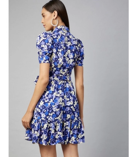 Women's Polyester Floral Short Sleeve Above Knee Dress (Blue - Purple)