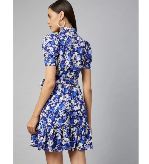 Women's Polyester Floral Short Sleeve Above Knee Dress (Blue - Purple)