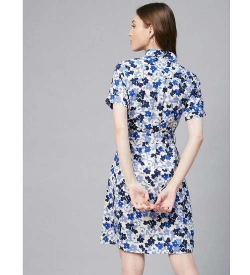 Women's Polyester Floral Short Sleeve Above Knee Dress (Blue - White)