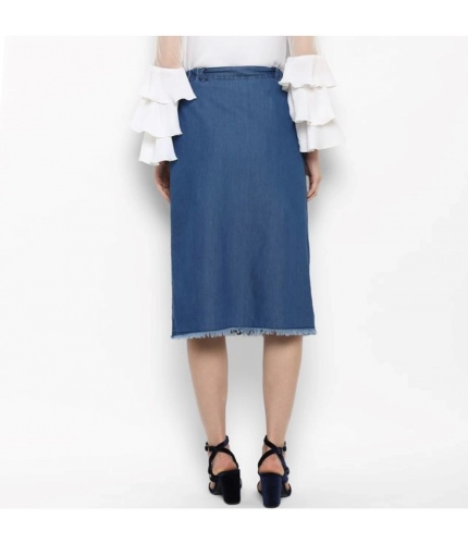 Women's Denim Washed Buttoned Skirt (Blue)
