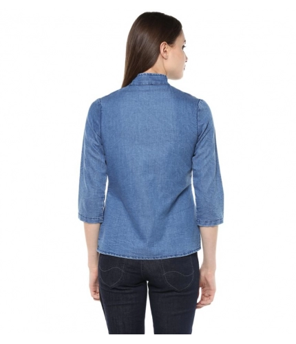 Women's Denim Solid 3-4th Sleeves Regular Top (Blue)