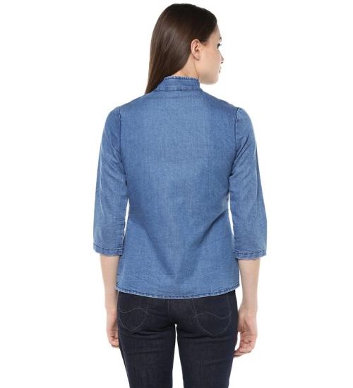 Women's Denim Solid 3-4th Sleeves Regular Top (Blue)