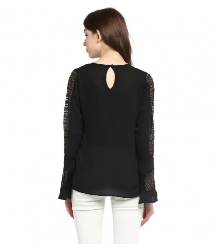 Women's Polyester Georgette Self Design Bell Sleeve Regular Top (Black)
