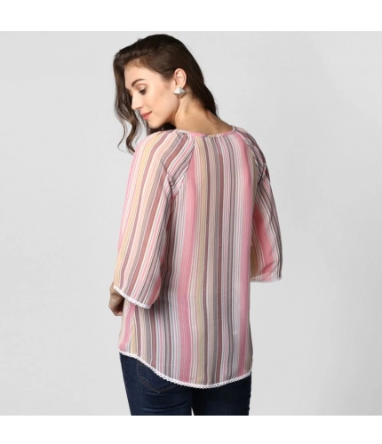 Women's Polyester Striped 3-4th Sleeves Top (Pink)