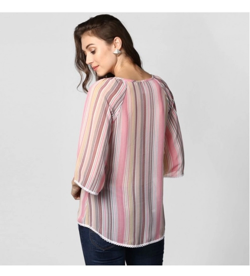 Women's Polyester Striped 3-4th Sleeves Top (Pink)