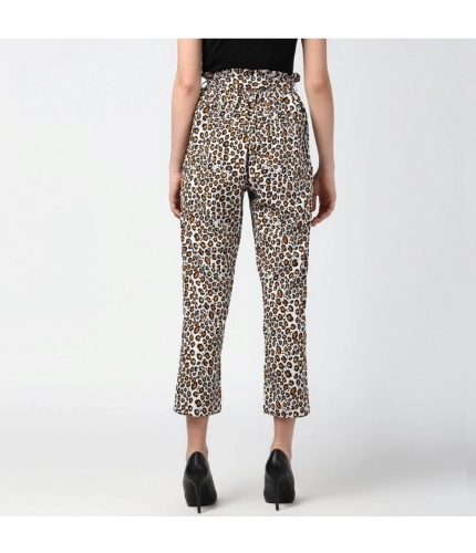 Women's Polyester Animal Print Elasticated Trousers (White - Yellow)