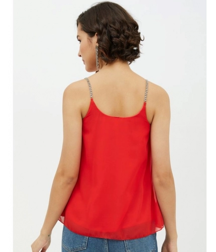 Women's Polyester Embellished Shoulder Straps Top (Red)
