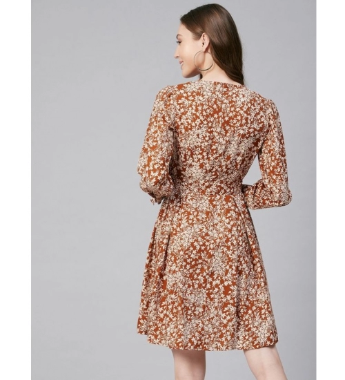 Women's Polyester Floral Long Sleeves Above Knee Dress (Rust)