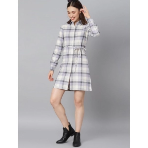 Generic Women's Cotton Checkered Long Sleeves Above Knee Dress (Grey)