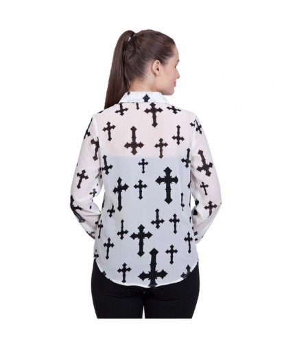 Women's Polyester Printed Long Sleeves Standard Length Shirt (White)