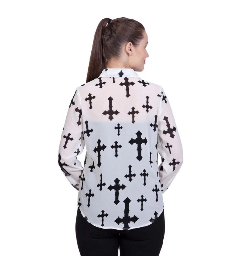 Women's Polyester Printed Long Sleeves Standard Length Shirt (White)