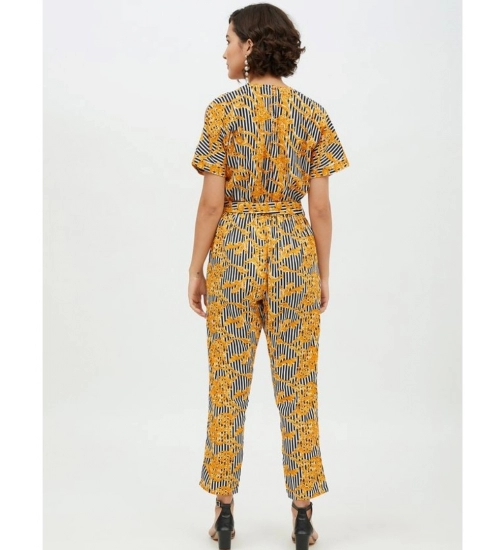 Women's Polyester Printed Half Sleeve Long Jumpsuit (Yellow)