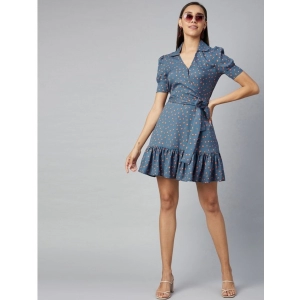 Generic Women's Polyester Polka Short Sleeve Above Knee Dress (Grey - Coral)