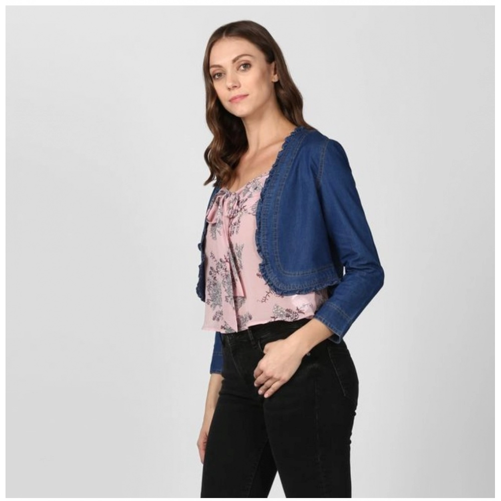 Women's Denim Ruffled Long Sleeves Shrug (Navy Blue) Women's Denim Ruffled Long Sleeves Shrug (Navy Blue)
