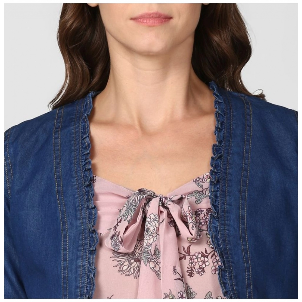 Women's Denim Ruffled Long Sleeves Shrug (Navy Blue) Women's Denim Ruffled Long Sleeves Shrug (Navy Blue)