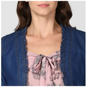 Generic Women's Denim Ruffled Long Sleeves Shrug (Navy Blue)
