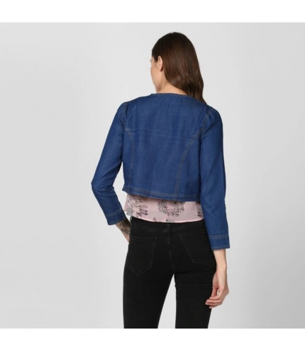 Women's Denim Ruffled Long Sleeves Shrug (Navy Blue)