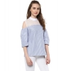 Women's Cotton Striped Cold Shoulder Top (Blue) Women's Cotton Striped Cold Shoulder Top (Blue)