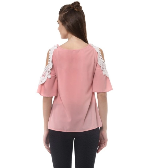 Women's Polyester Lace Inserts Half Sleeve Top (Pink)