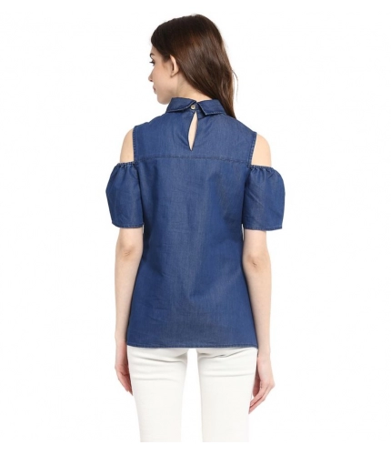 Women's Denim Solid Cold Shoulder Regular Top (Blue)
