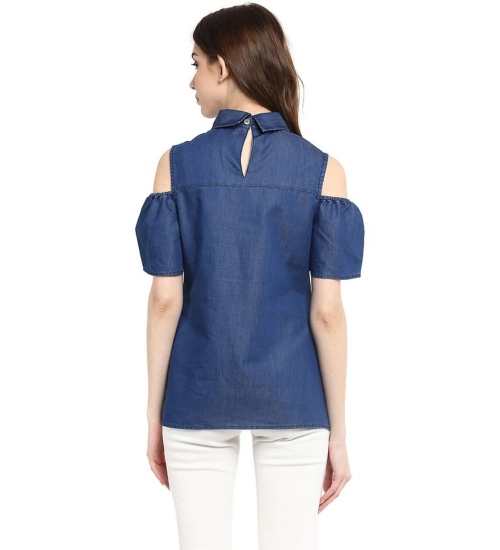 Women's Denim Solid Cold Shoulder Regular Top (Blue)