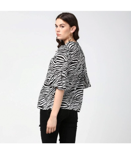 Women's Polyester Animal Print Bell Sleeve Top (Black - White)