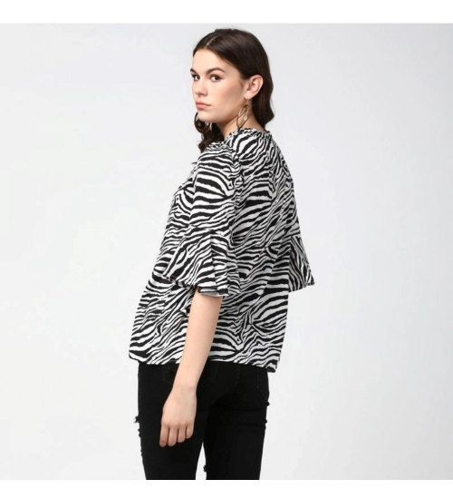 Women's Polyester Animal Print Bell Sleeve Top (Black - White)