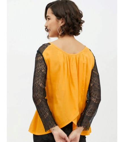 Women's Rayon Lace Inserts Long Sleeves Top (Yellow)
