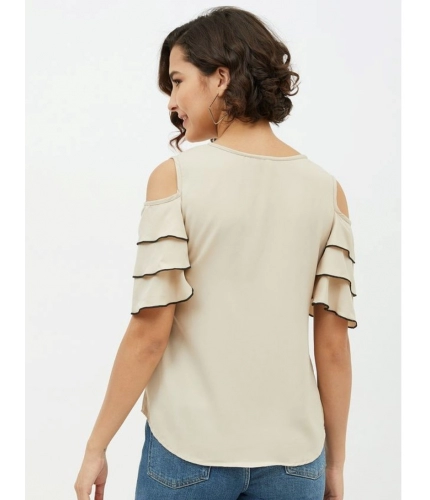 Women's Polyester Tiered Cold Shoulder Top (Beige)