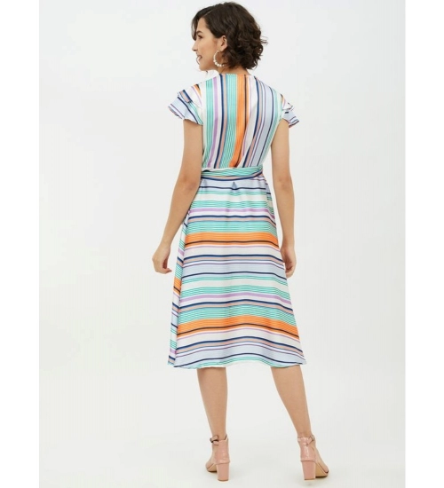 Women's Satin Striped Short Sleeve Knee-Length Dress (Multicolor)