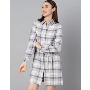 Generic Women's Cotton Checkered Long Sleeves Above Knee Dress (Grey)