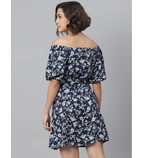 Women's Polyester Off Shoulder Half Sleeve Above Knee Dress (Blue)