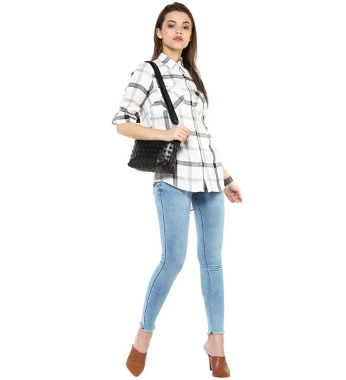 Women's Rayon Checkered Long Sleeves Standard Length Shirt (Black - White)