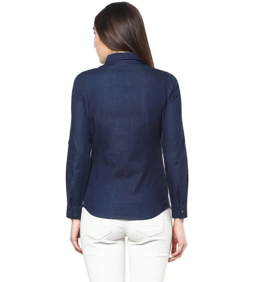 Women's Denim Patch Work Long Sleeves Standard Length Shirt (Blue)