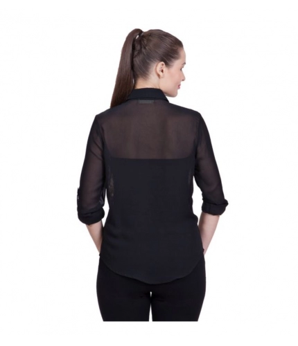 Women's Polyester Printed Roll Up Sleeve Standard Length Shirt (Black)